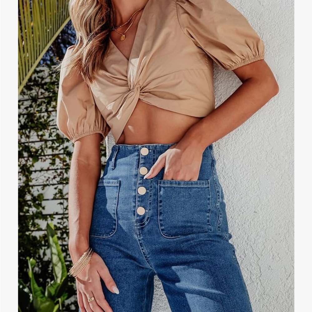 Sidefeel NWT wide leg, high waist, cropped stretchy button fly denim. Size 6 - Picture 3 of 7
